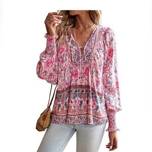 Womens Boho Floral Blouse Lantern Long Sleeves And Tie Neck Detail Sz XL